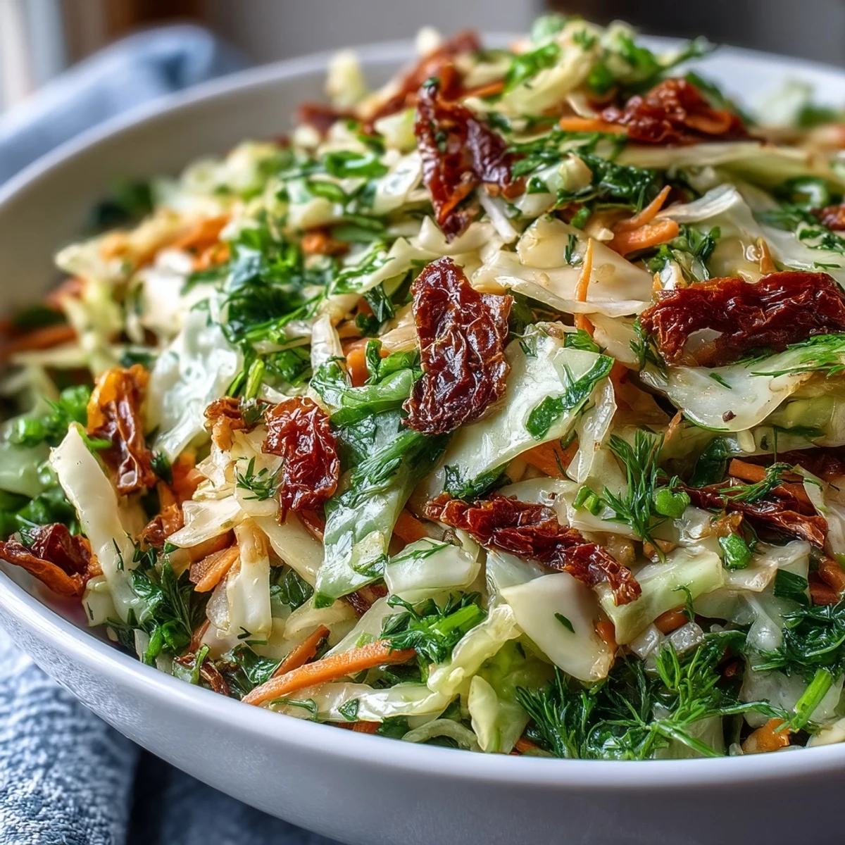 Cabbage Salad With Sundried Tomatoes served on a plate, showing julienned carrots and chopped chives with a drizzled dressing.