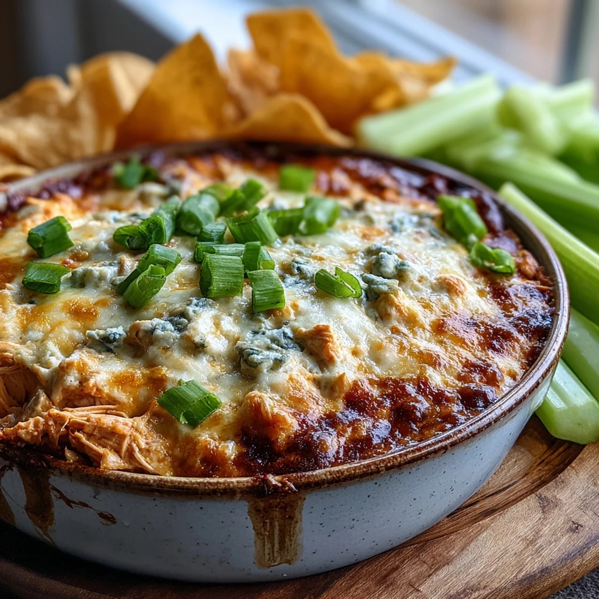 Golden, bubbly Buffalo Chicken Dip in a white baking dish, served with tortilla chips and crisp celery sticks for a spicy appetizer.