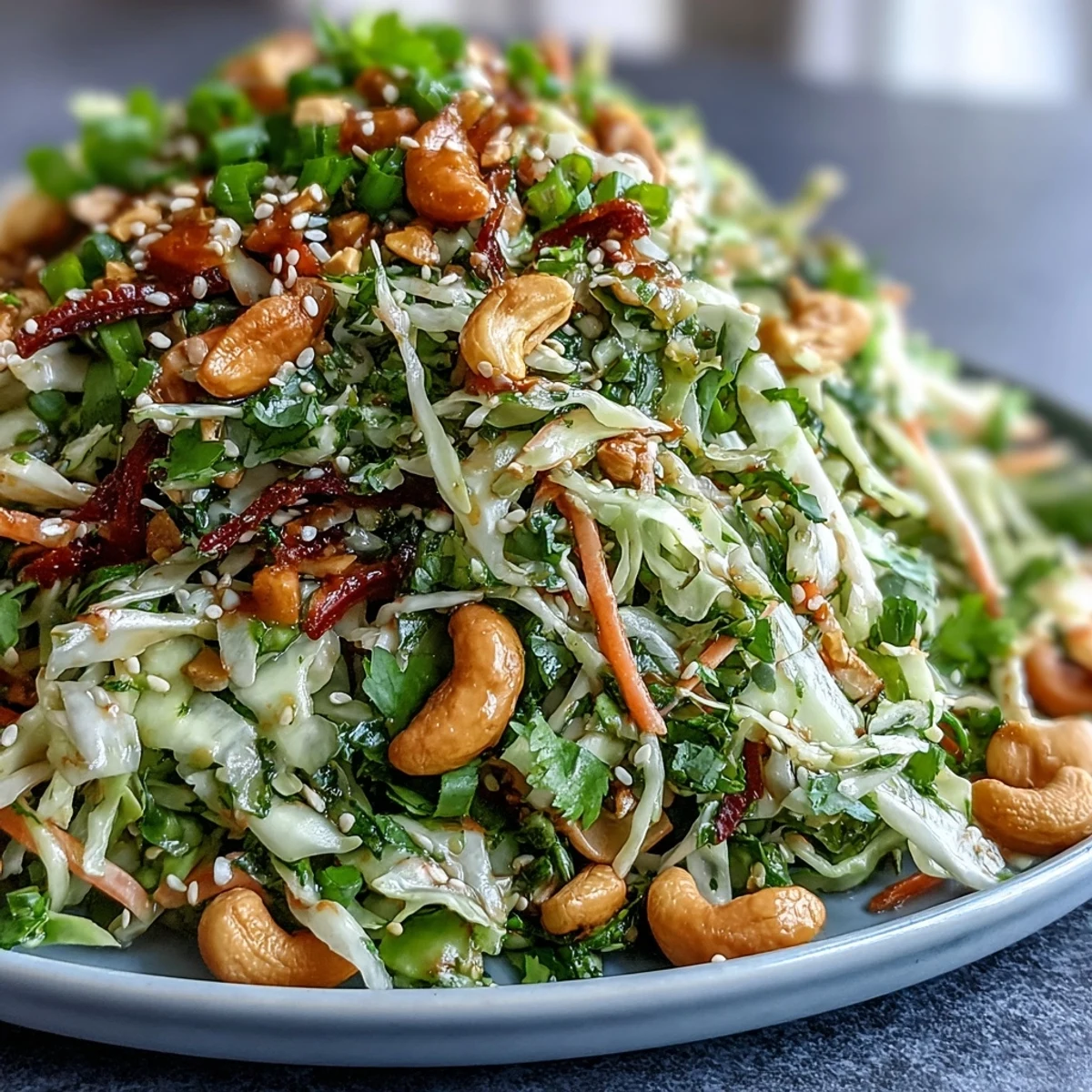Vibrant Asian Cabbage Salad piled high in a bowl, tossed with shredded cabbage, carrots, and fresh cilantro leaves.