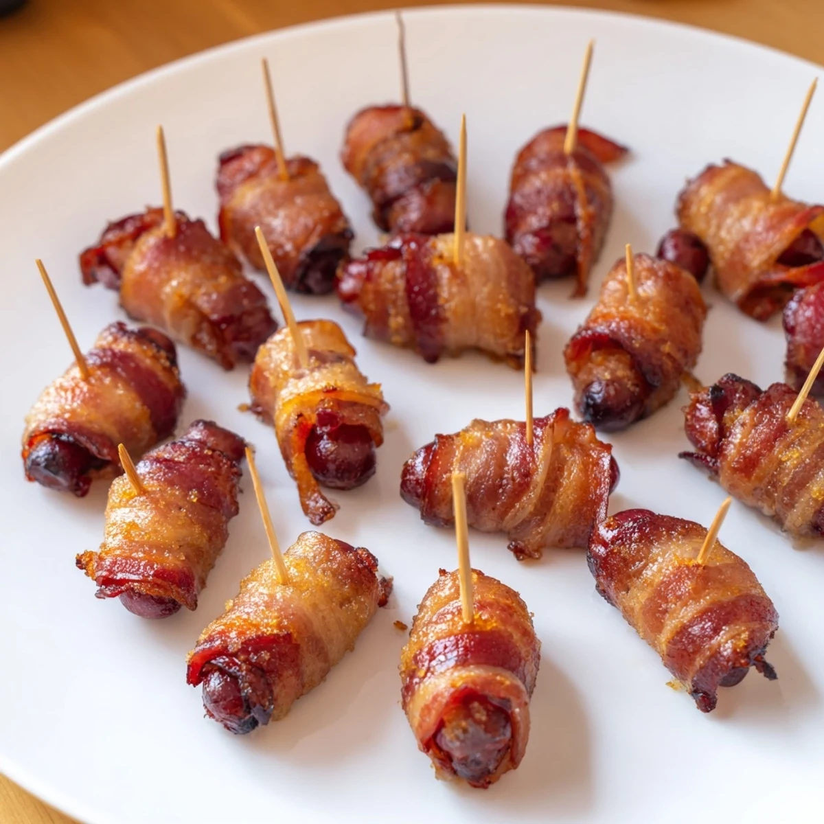 Golden brown 3-ingredient bacon-wrapped smokies sizzling on a baking sheet, ideal for game day snacks.