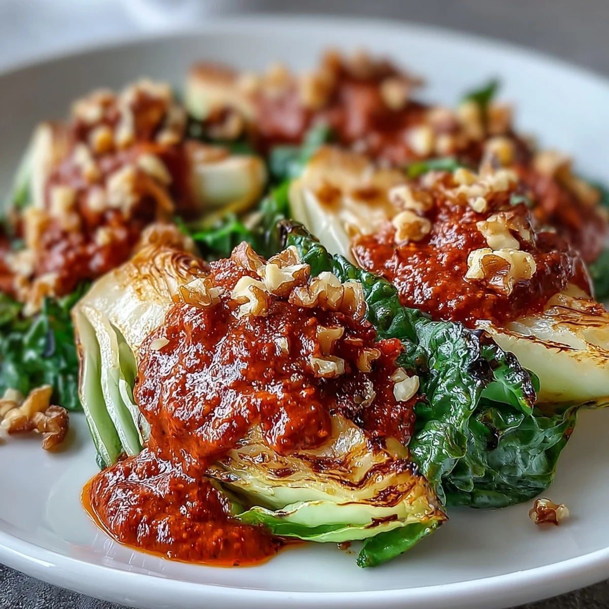 Caramelized Baked Cabbage Salad with Winter Romesco served warm with lemon wedges and extra toasted walnuts.
