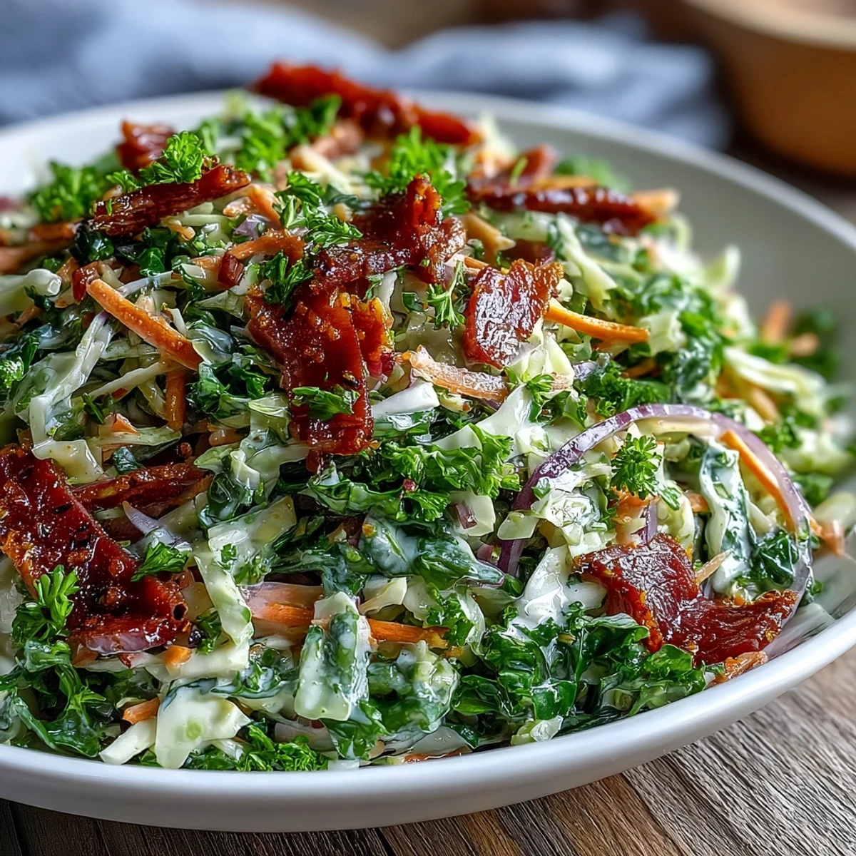German Cabbage Coleslaw With Shredded Ham featuring shredded carrots and a tangy apple cider vinegar dressing, highlighting the crunchy texture and smoky aroma.