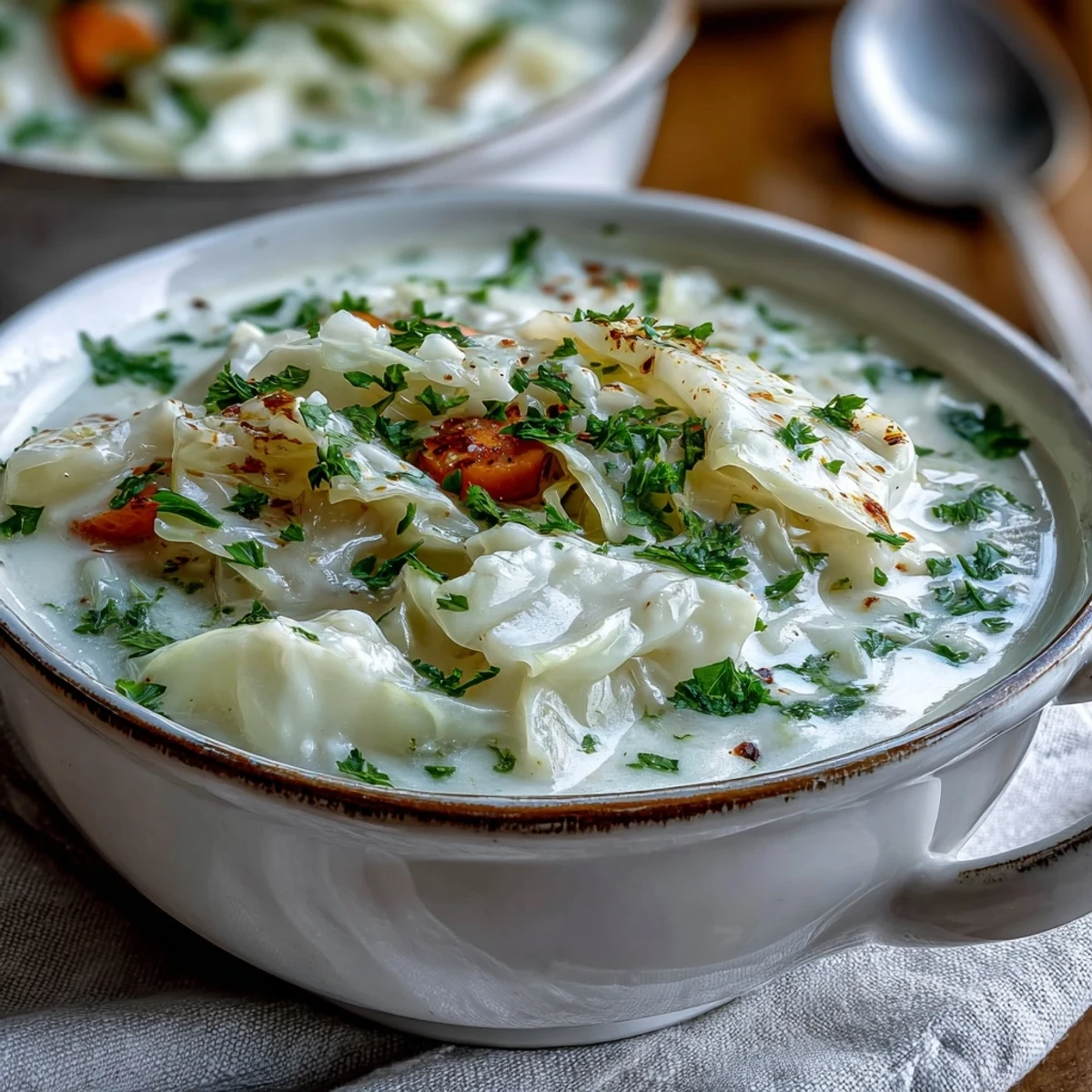 Smooth Creamy Potato Soup with Cabbage ladled into a cozy bowl, garnished with parsley and black pepper.