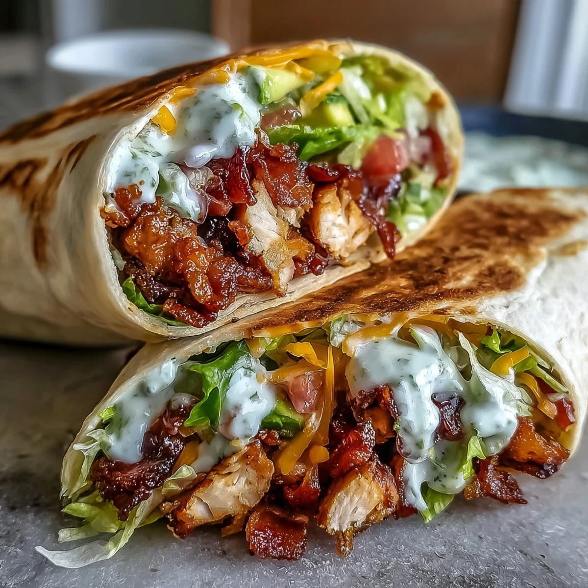 Crispy Chicken Bacon Wrap sliced in half, revealing juicy seared chicken, crunchy bacon, and fresh lettuce.