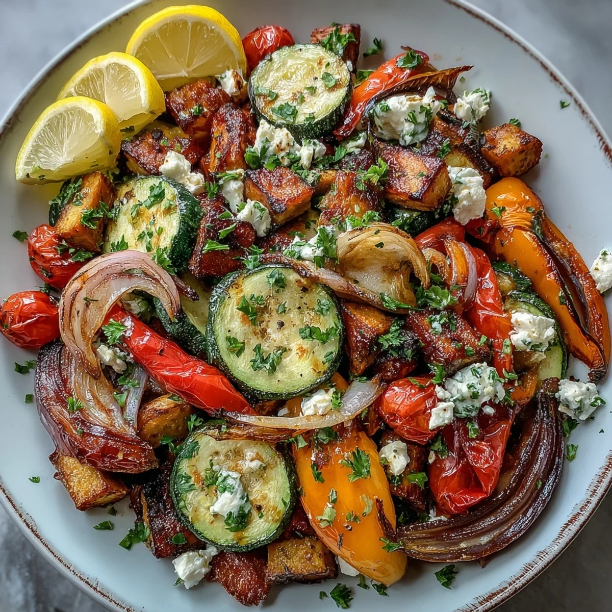 Golden, tender roasted vegetables from the Mediterranean Greek recipe, glistening with olive oil and lemon juice on a ceramic platter.