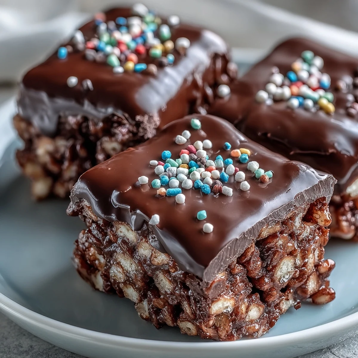 Freshly made Chocolate Covered Rice Krispy Treats on a cutting board, featuring a crunchy cereal center with a glossy, rich chocolate topping and festive rainbow sprinkles.