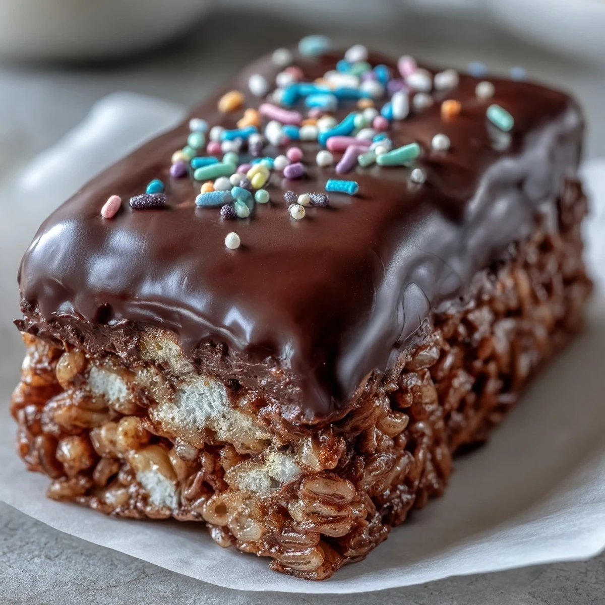 Close-up of Chocolate Covered Rice Krispy Treats showing melted chocolate drizzle and a colorful sprinkle garnish, ideal for parties or sweet snacking.