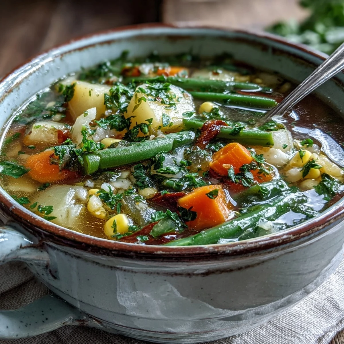 Creamy Amish Snow Day Soup with tender vegetables and fresh parsley, served steaming in a rustic bowl.