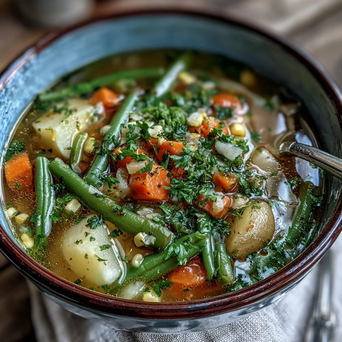 A comforting Amish Snow Day Soup garnished with parsley and paired with crusty bread for dipping.