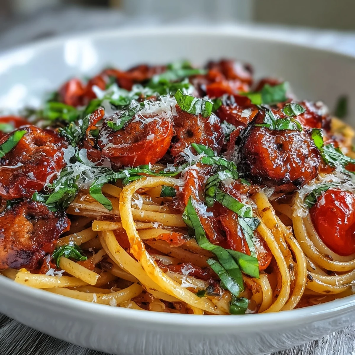 Steaming bowl of Italian Drunken Noodles with sautéed onions, garlic, and a bold red wine tomato sauce.