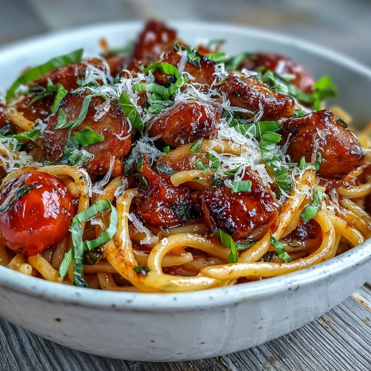 Fork-ready Italian Drunken Noodles topped with grated Parmesan and fresh basil, served hot from the skillet.