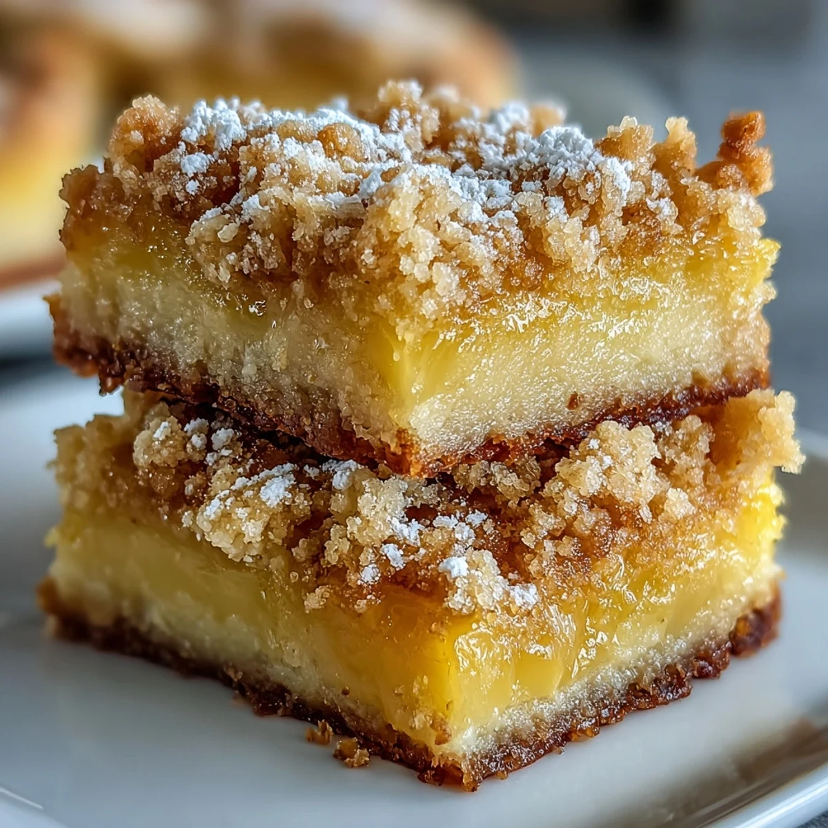 A platter of Homemade Lemon Crumb Bars with a dusting of powdered sugar, perfect for summer potlucks.