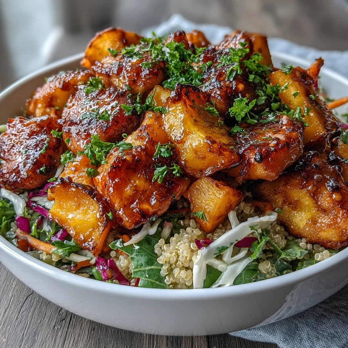 Colorful Hot Honey Chicken Bowl featuring crunchy red cabbage slaw, golden roasted sweet potatoes, and a drizzle of spicy honey mustard.