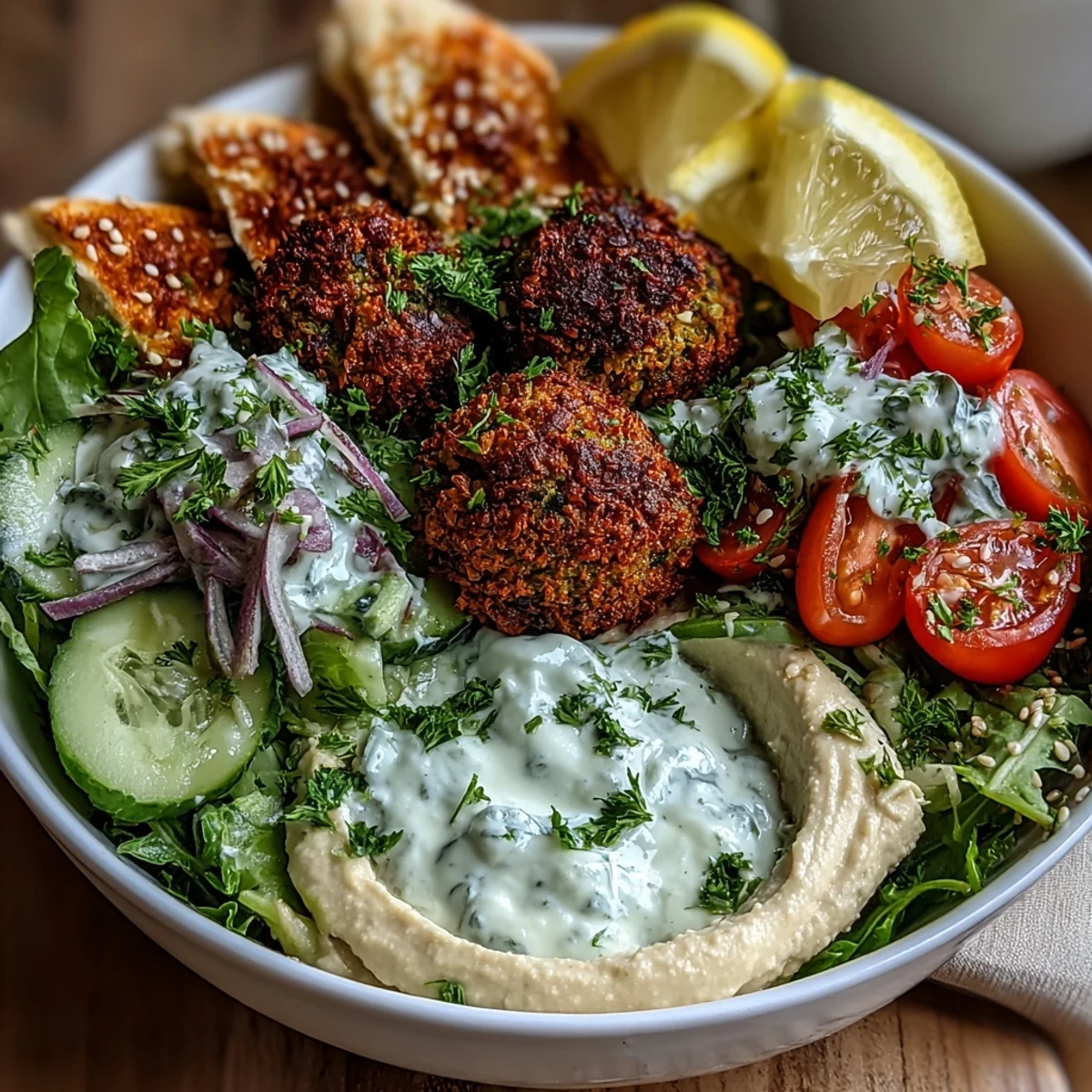 Savor this Falafel Bowl garnished with parsley and sesame seeds, ready to be enjoyed with a squeeze of fresh lemon.