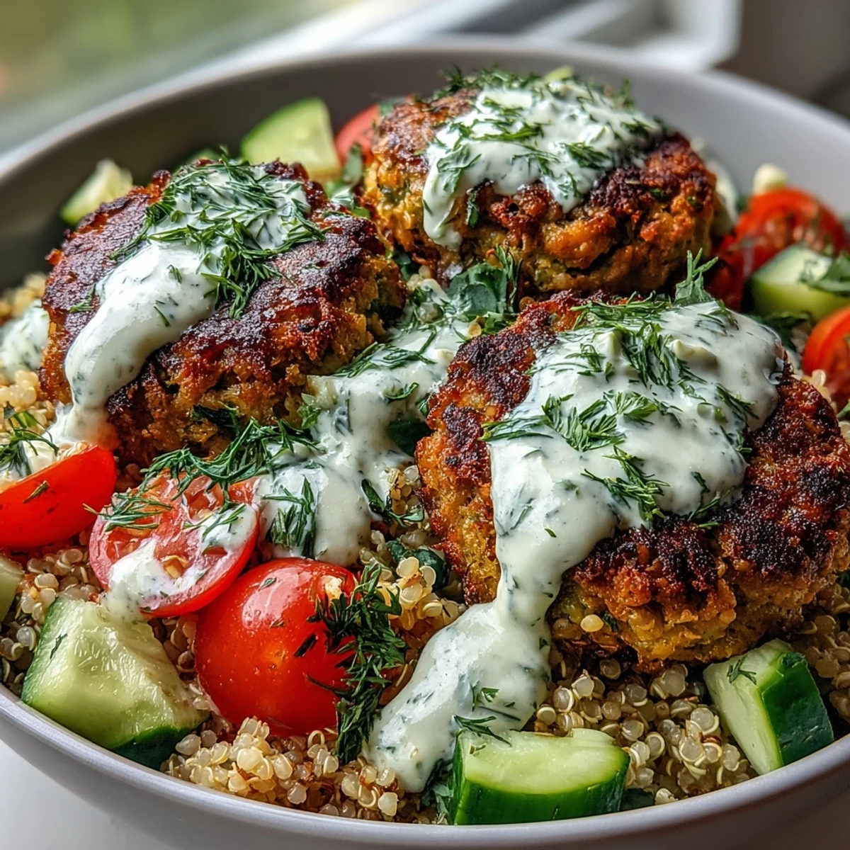 Golden baked falafel quinoa salad bowl with fresh cucumber, tomatoes, and creamy garlic tahini.