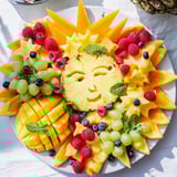 A colorful close-up of the Summer Rays Sun-Shaped Fruit Tray, ready for a healthy and fun snack.
