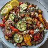 Golden, tender roasted vegetables from the Mediterranean Greek recipe, glistening with olive oil and lemon juice on a ceramic platter.