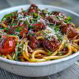 Fork-ready Italian Drunken Noodles topped with grated Parmesan and fresh basil, served hot from the skillet.