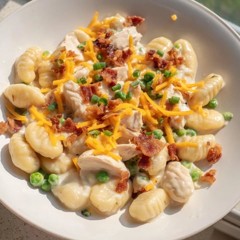 Creamy Crack Chicken Gnocchi, a comforting meal with melted cheese and crispy bacon, ready to enjoy.