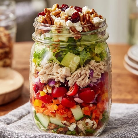 Layered Holiday Chopped Chicken Salad Jar with colorful layers ready for a refreshing bite.