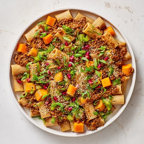 A steaming bowl of High-Fiber Lentil Bolognese over pasta, garnished with fresh parsley.
