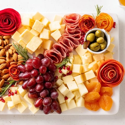 Holiday bow appetizer platter bursting with colorful cheeses, meats, and fruits for festive eating.