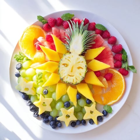 Vibrant Summer Rays Sun-Shaped Fruit Tray with juicy mango smiles and refreshing watermelon stars.