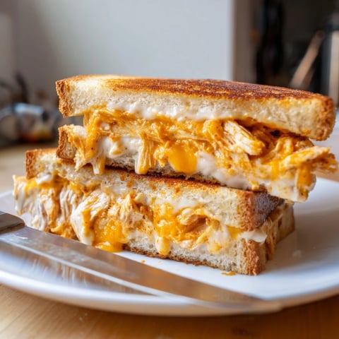 Buffalo Chicken Ranch Grilled Cheese sandwich, golden-brown and oozing with spicy chicken and melted cheddar on sourdough.