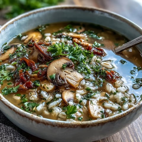 Hearty Mushroom Barley Soup steaming in a rustic bowl, topped with fresh parsley and ready to serve.
