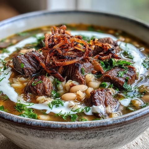 Steaming bowl of Beef Barley Soup topped with golden mint-fried onions and a swirl of sour cream.
