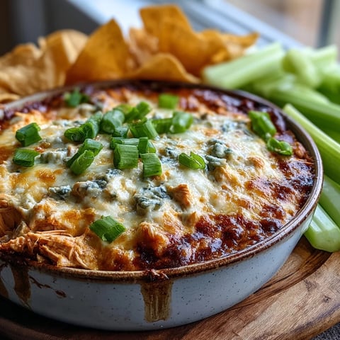 Golden, bubbly Buffalo Chicken Dip in a white baking dish, served with tortilla chips and crisp celery sticks for a spicy appetizer.