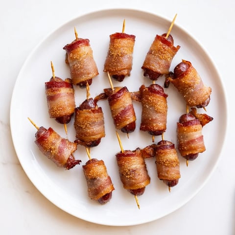 Crispy bacon-wrapped smokies, glistening with caramelized sugar, ready to serve as a delicious appetizer.