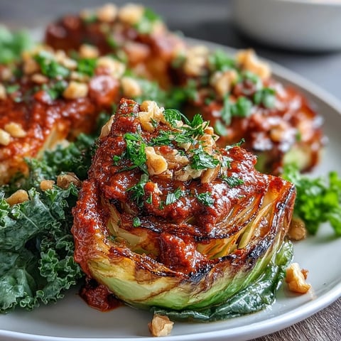 Golden roasted cabbage wedges glazed with oil, topped with rustic Winter Romesco and fresh parsley on a platter.