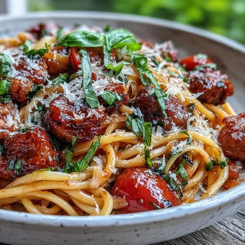 Italian Drunken Noodles tossed with spicy sausage, sweet cherry tomatoes, and fresh basil in a rich Chianti tomato sauce.
