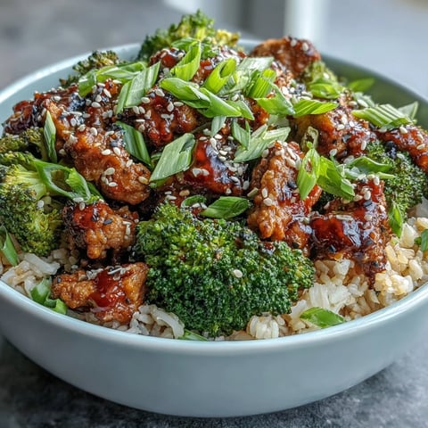 A close-up of Sweet and Spicy Turkey Broccoli Bowls shows glazed turkey, steamed broccoli, and brown rice topped with green onions.