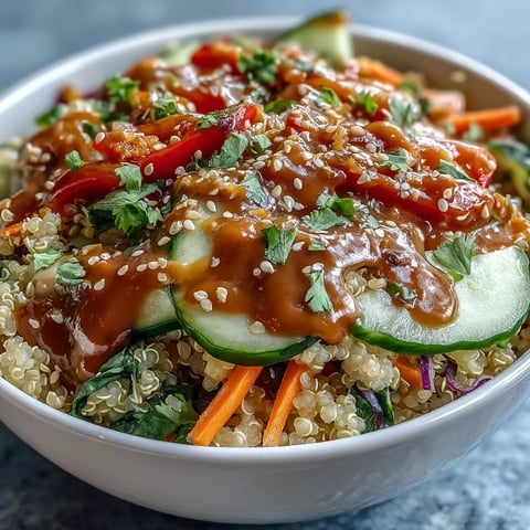 Brightly colored Thai Coconut Quinoa Bowl topped with crisp red bell pepper, julienned carrots, and fresh cilantro, drizzled with creamy peanut dressing.