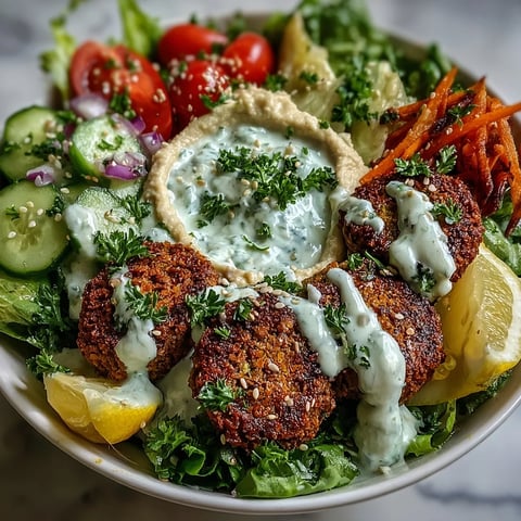 A vibrant Falafel Bowl features crispy golden falafel nestled on creamy hummus, topped with fresh greens and a drizzle of tangy tahini sauce.
