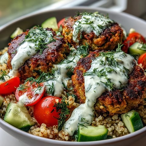 Golden baked falafel quinoa salad bowl with fresh cucumber, tomatoes, and creamy garlic tahini.