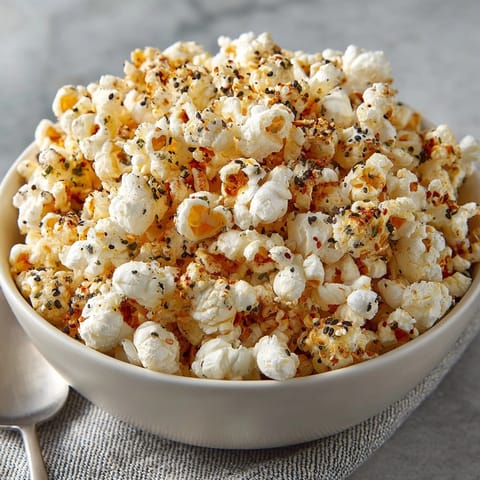 Homemade Everything Bagel Popcorn: warm, golden kernels, seasoned perfectly, ready to serve.