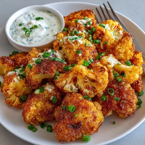 Golden, spicy Buffalo Cauliflower Bites recipe, a vegetarian twist on a classic appetizer.