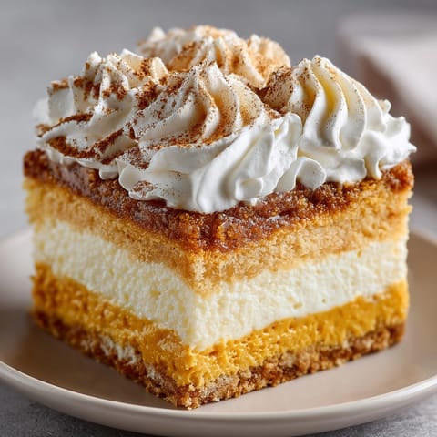 Layers of chilled Pumpkin Spice Magic Cake, topped with sweet whipped cream.
