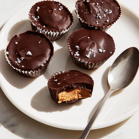 Elevated view of several chilled, fudgy Chocolate Peanut Butter Cups arranged after preparation.
