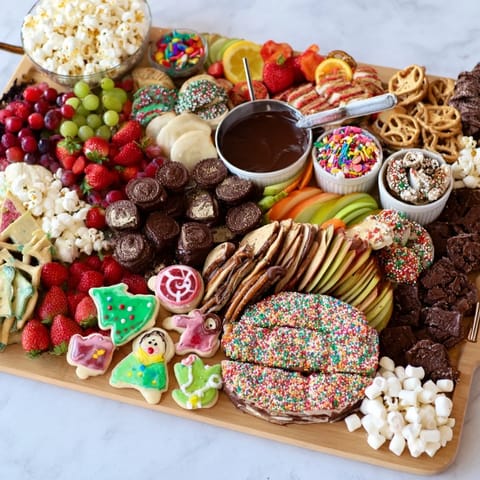 Customizable dessert board featuring cookies, fruits, and sumptuous chocolate dips.  