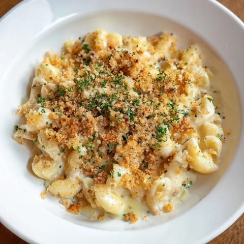 A close-up of steaming truffle macaroni & cheese: creamy pasta coated in cheesy sauce, ready to serve.