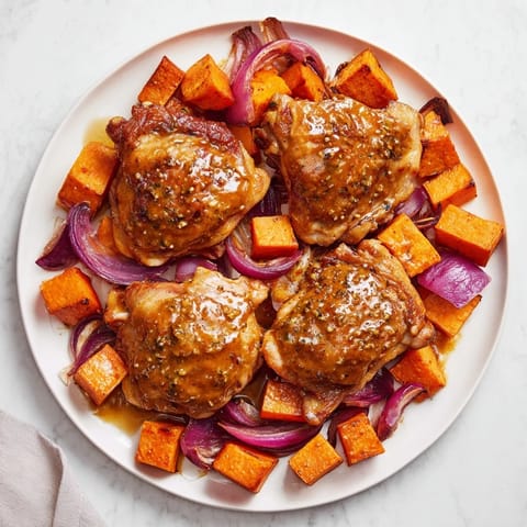 Beautifully roasted Maple Glazed Chicken & Sweet Potato Bake, glistening with a sweet, sticky glaze for a tasty dinner.