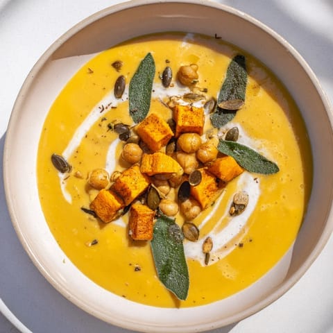 Vivid image of a steaming bowl of comforting Chickpea, Pumpkin & Sage Soup garnished with toasted pumpkin seeds.