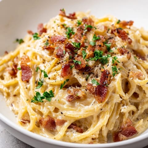 Close-up of golden Instant Pot Carbonara Ramen with fresh parsley and extra Parmesan cheese on top.