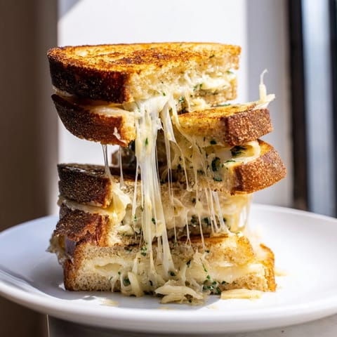 Perfectly browned Garlic Butter Mayo Grilled Cheese, oozing with cheese, cut and served hot for lunch.