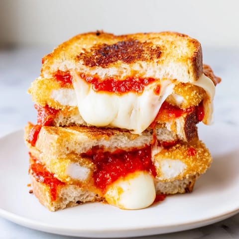 Crispy sourdough encases melty mozzarella sticks and marinara in this delicious grilled cheese sandwich.
