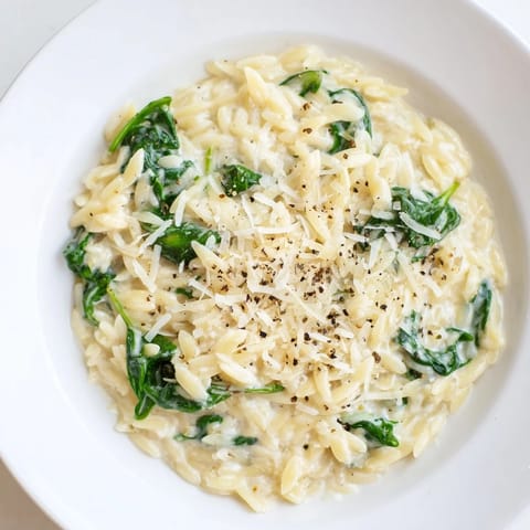 This comforting bowl of Creamy Spinach Orzo boasts a creamy, spinach-infused sauce, ideal for any night.